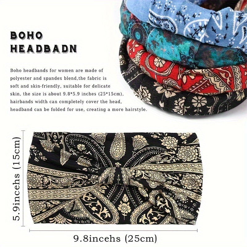 Set of 4 Boho Printed Elastic Knotted Headbands for Yoga Running Sports Women