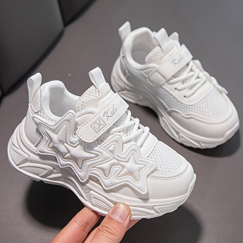 Girls Mesh Sneakers All-Season Lightweight PU Casual Shoes with Heart Pattern