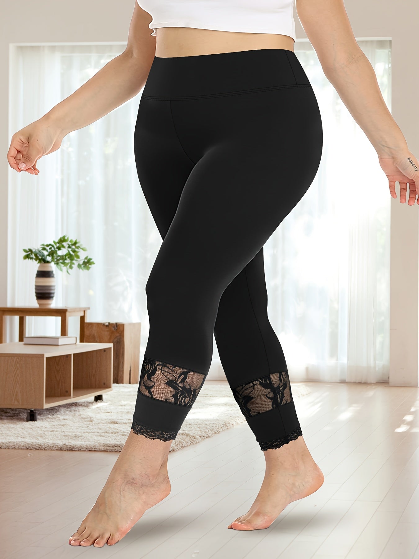 Women's High-Waisted Non-See-Through Workout Leggings with Lace Trim