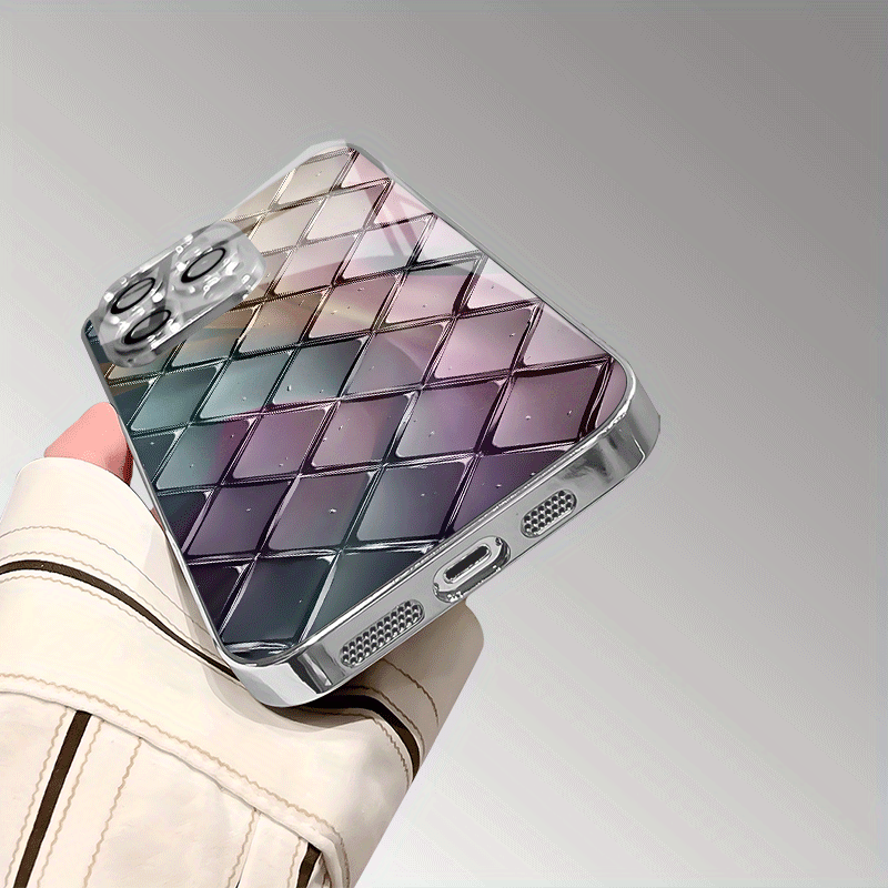 Rang-barang shisha teksturasi olmos tarmog'i naqshli telefon qobig'i, linza himoyasi bilan, iPhone modellari uchun