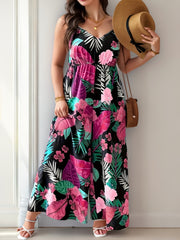 Plus Size Women's Tropical Print Backless Cami Jumpsuit Vacation Style
