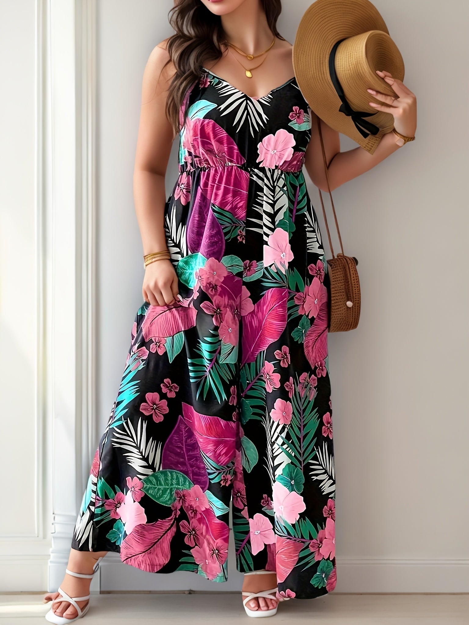 Plus Size Women's Tropical Print Backless Cami Jumpsuit Vacation Style