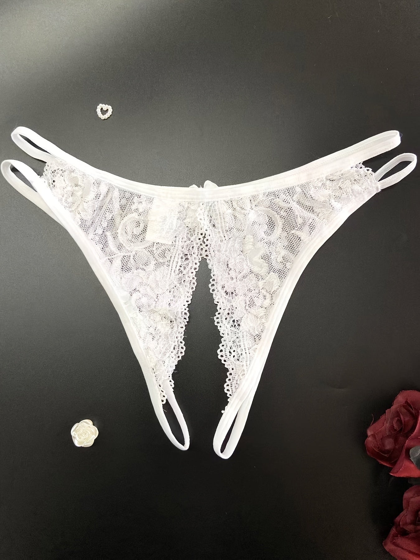 Open Crotch Lace Thong Panties with Bow Detail Breathable Polyester Spandex Lingerie
