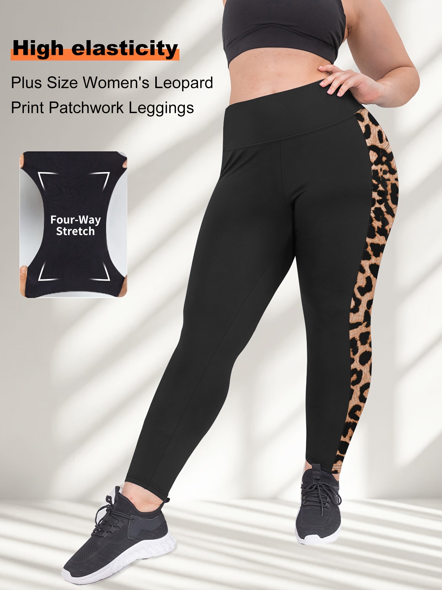 Leggings de mujer de talla grande con cintura alta y estampado de leopardo con bolsillos azul negro