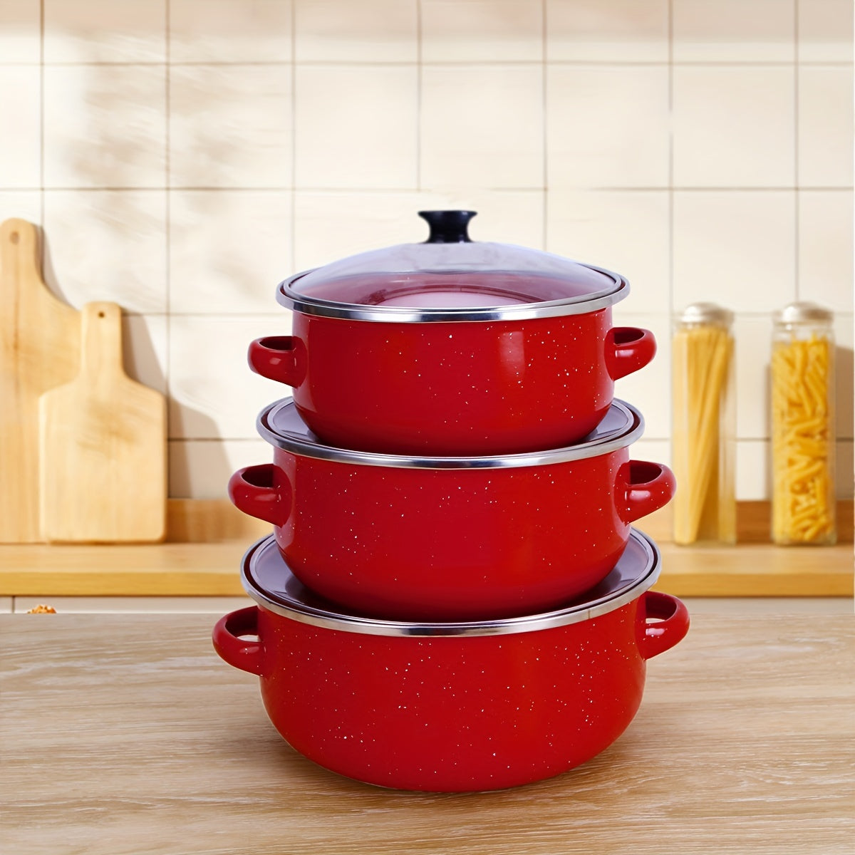 Enamel Cooking Pot Set for Stews and Soups, Lightweight, Induction Compatible