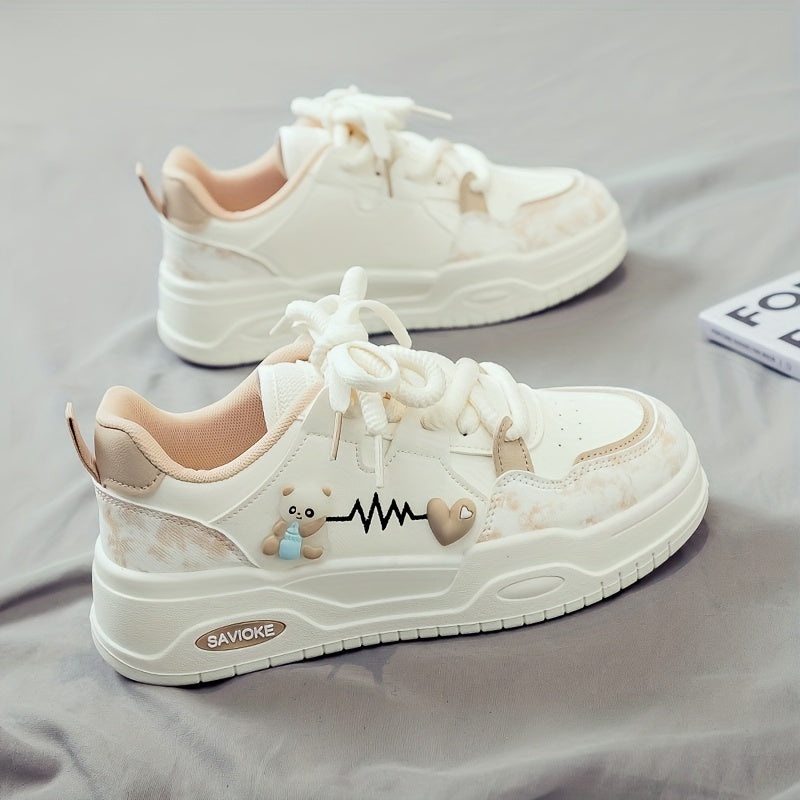 Women's White Mid-Top Sneakers with Cushioned PVC Sole and Heart Stripes