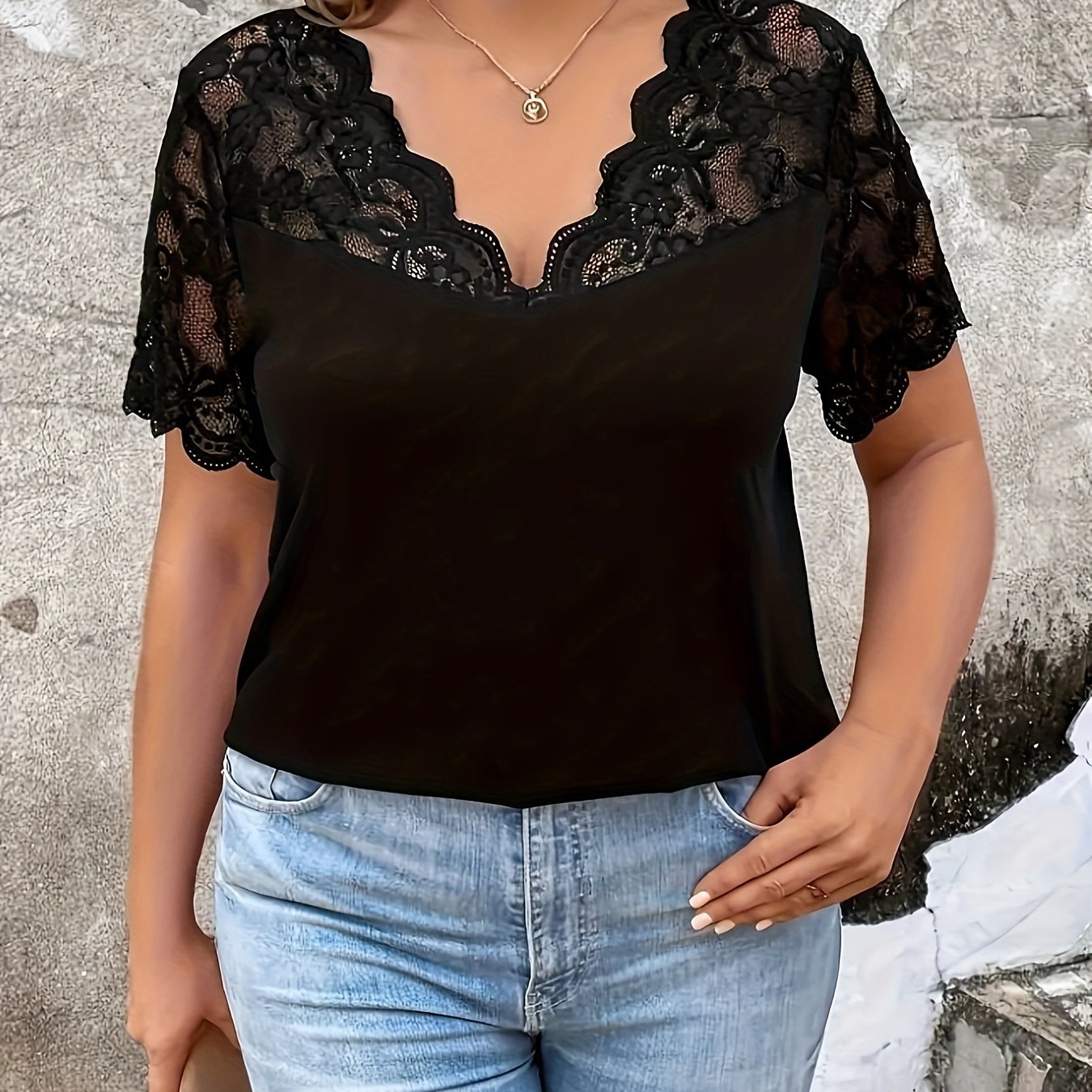 Plus Size V-Neck Short Sleeve T-Shirt with Lace Trim and Scallop Edge