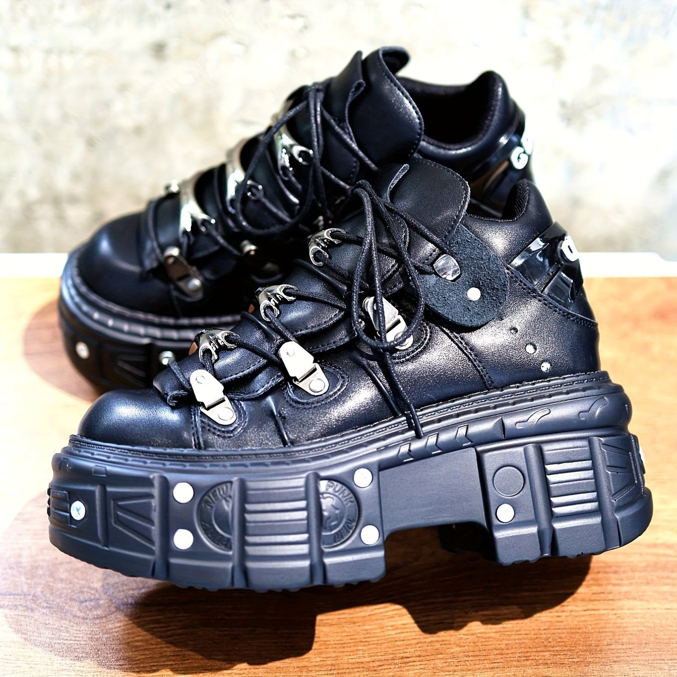 Black Women's Mid-Top Sneakers Waterproof Platform Lace-Up Punk Style