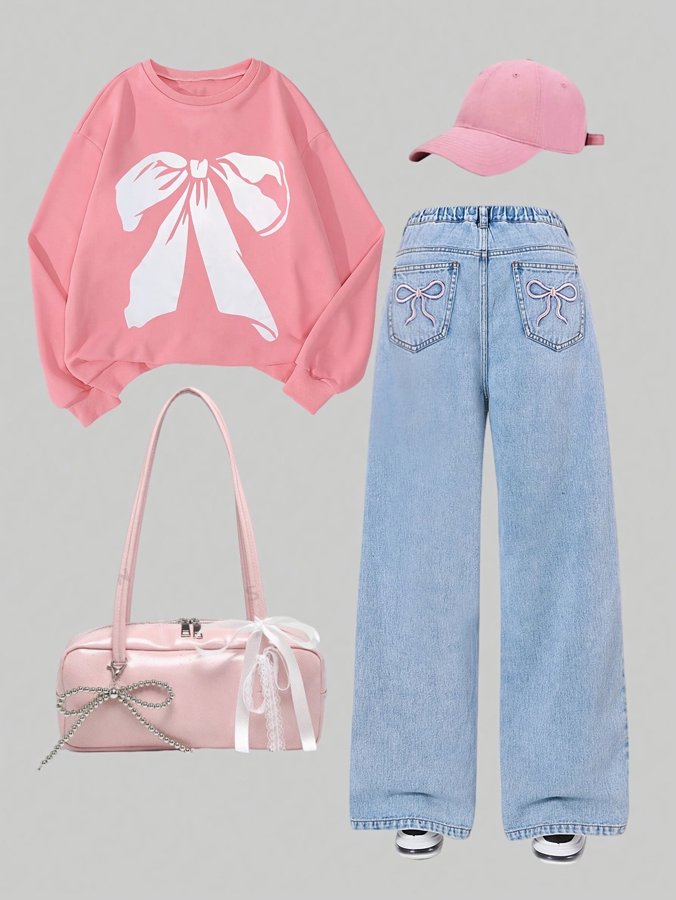 Girls Kids Hoodie and Jeans Set with Butterfly Pattern and Embroidered Bow