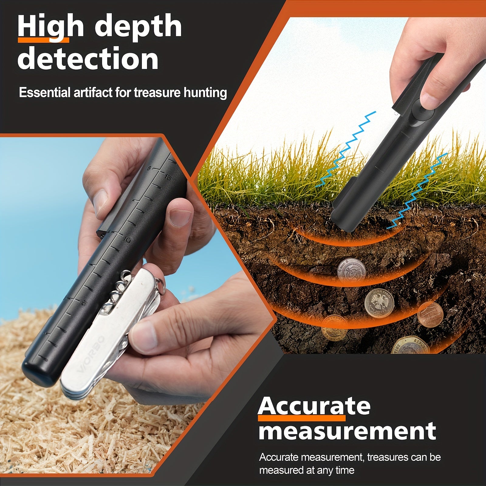 Non-Ferrous Metal Detector Wand Pinpointer with 360° Search, Vibration and Light
