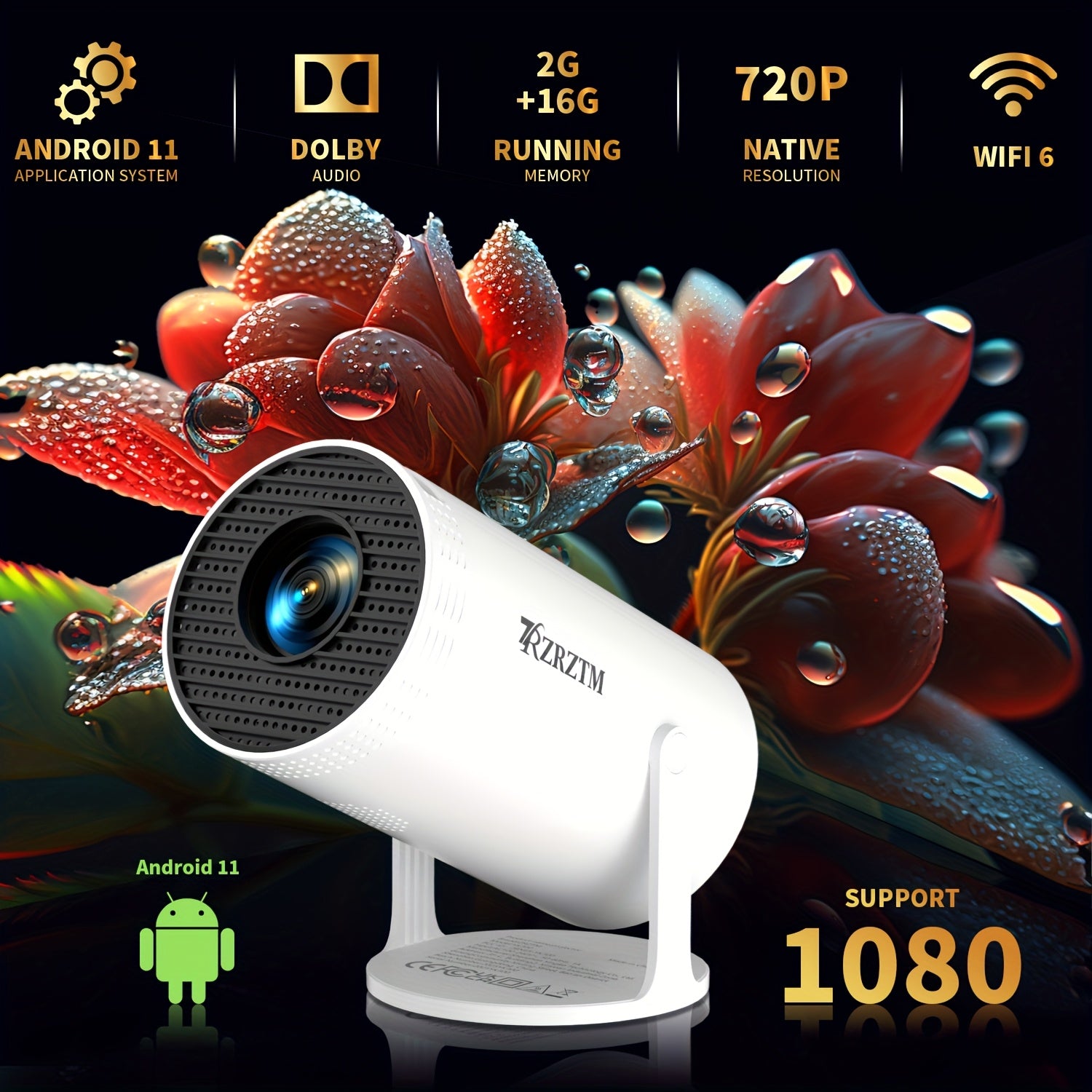 Intelligent Projector 1280x720P 180° Projection Home Cinema Camping Office