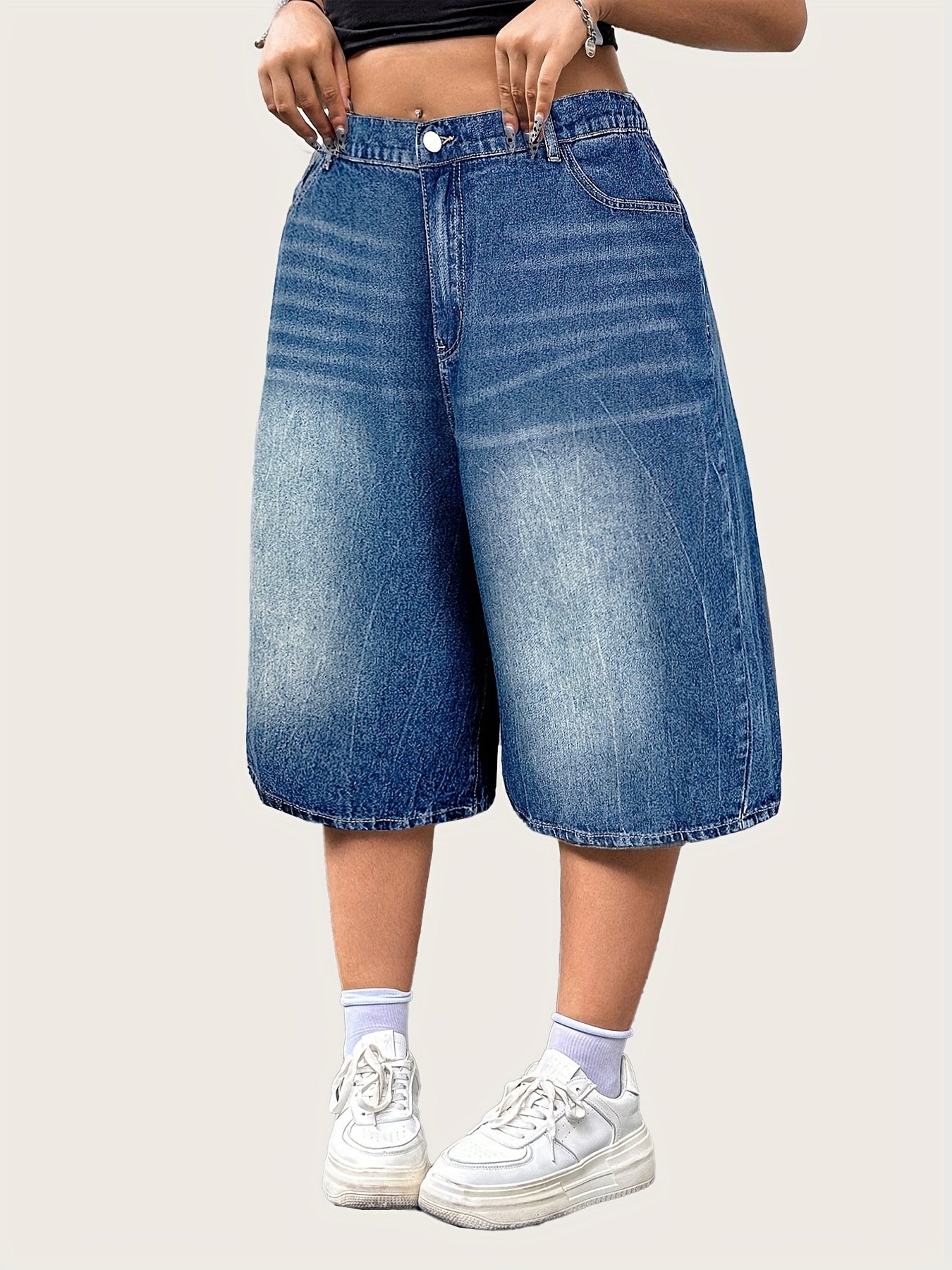 Plus Size Denim Shorts Loose Fit Washed Jeans Elastic Waist Summer Casual