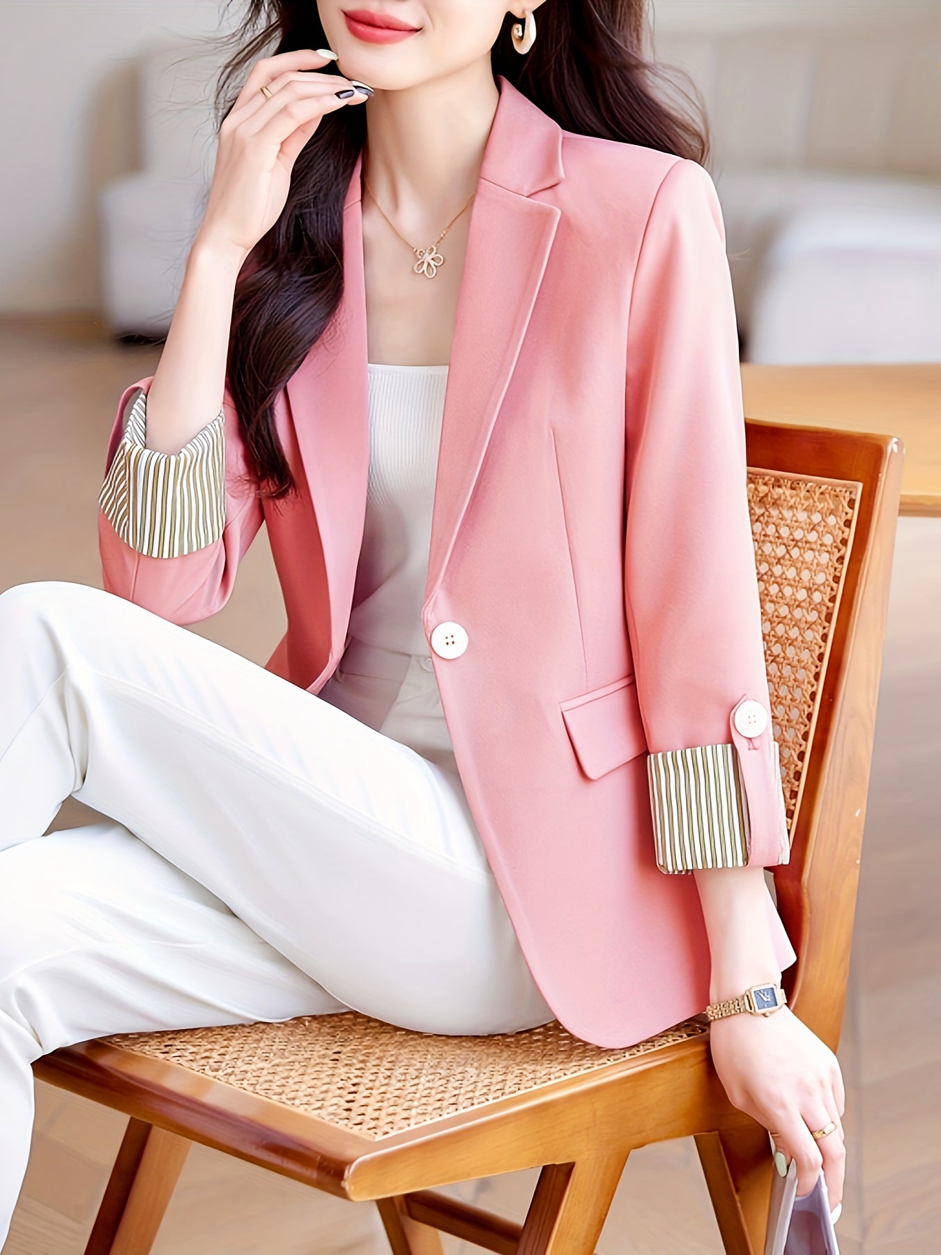 Women's Solid Color Long Sleeve Roll-Up Blazer with Pockets for Fall Winter