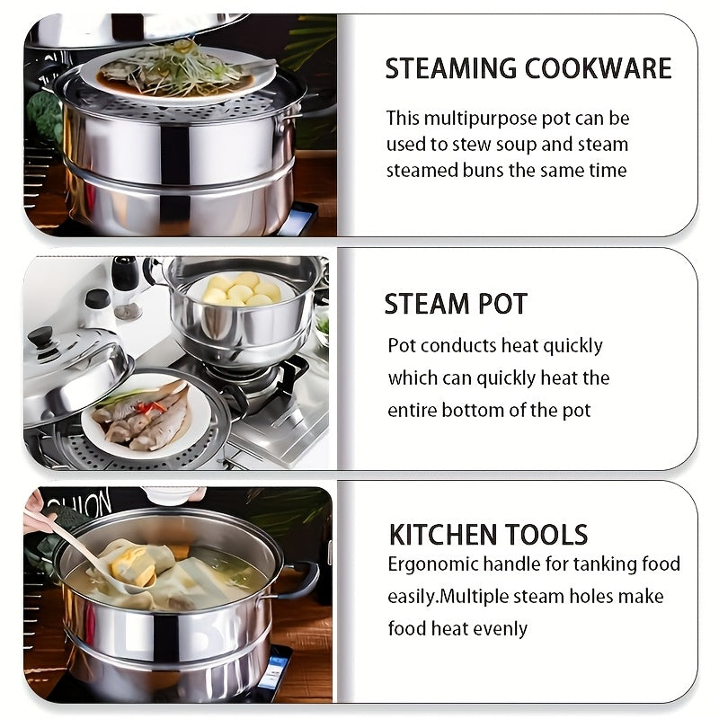 Olla de vapor de doble capa de acero inoxidable de 26cm con tapa para cocinar y cocinar al vapor