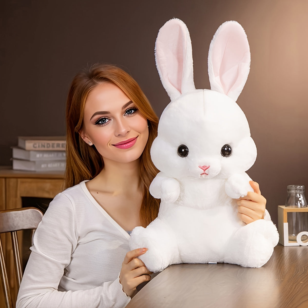 Long-Eared Bunny Plush Toy Soft Cuddly Doll Pillow for Home Decor and Gifts White Pink