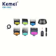 Kemei KM-1862 Elektr hairclipper: Kuchli quvvat, uzoq davom etadigan masofa, ko‘p g‘ildirakli sozlash, qayta zaryadlanuvchi litiy batareya.