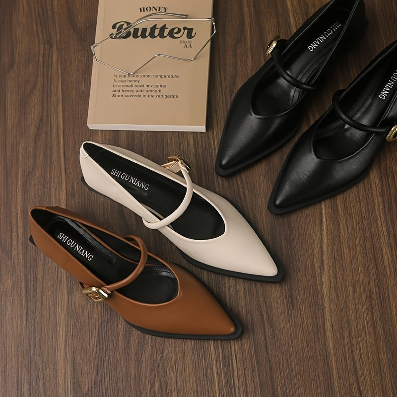 Women’s Faux Leather Mary Jane Pumps with Pointed Toe Mid-Heel