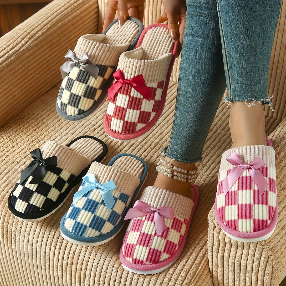 Женские плюшевые домашние тапочки-слипоны с бантом, в клетчатый узор, с амортизирующей подошвой из EVA
