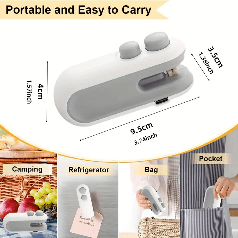 Portable USB Rechargeable Snack Bag Sealer with Cutter White Gray Kitchen Storage
