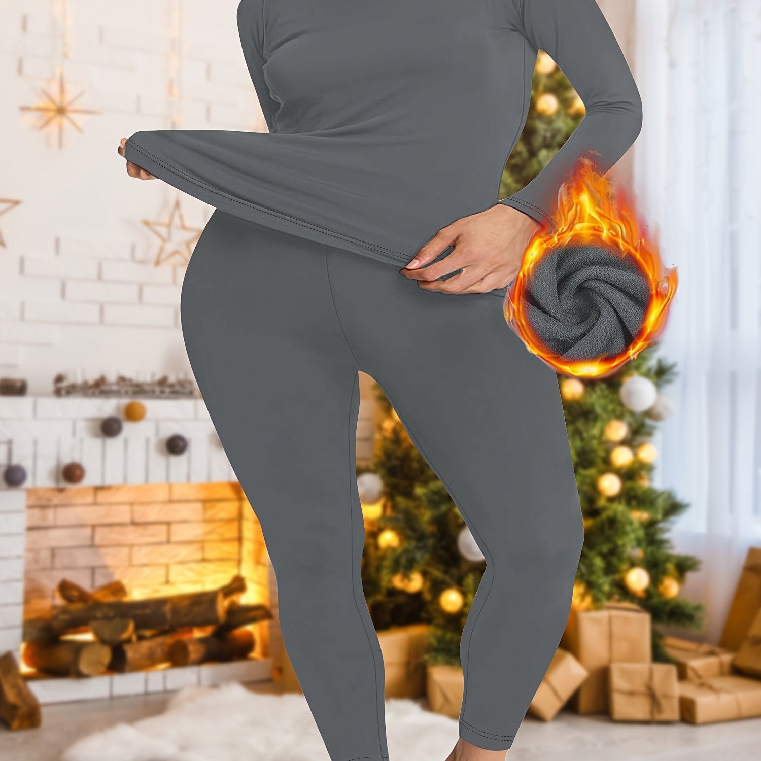 Plus Size Women's Thermal Sportswear Set Plush Lined High Stretch Long Sleeve Shirt and Pants