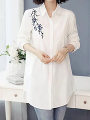 Women's White Polyester Blouse with Floral Embroidered Design for Spring Summer Fall