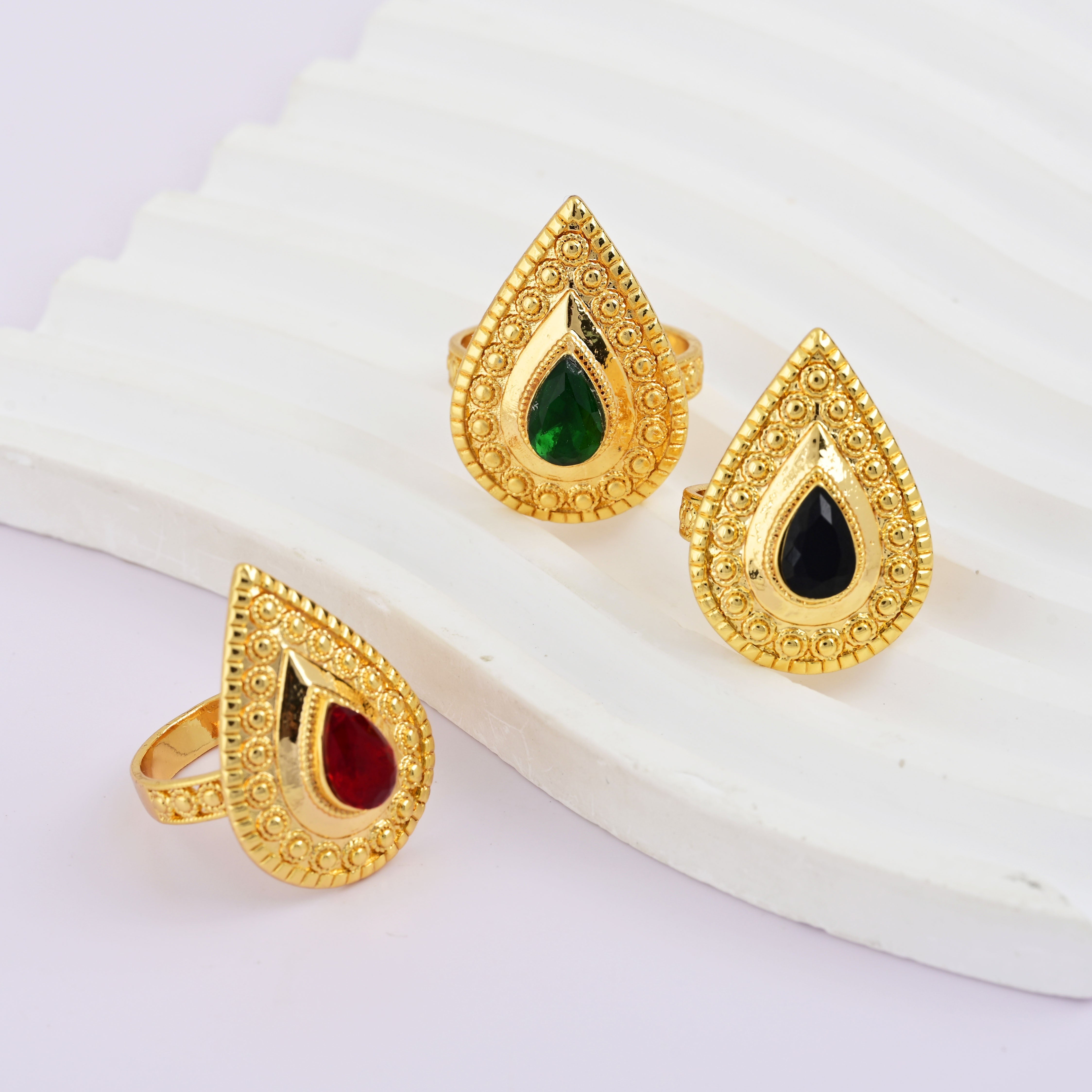 Gold-Plated Water Drop Ring with Synthetic Ruby Obsidian and Emerald for Women