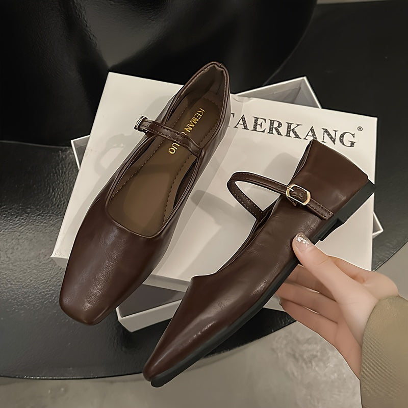 Zapatos planos negros de imitación para mujer con hebilla de correa de punta cuadrada