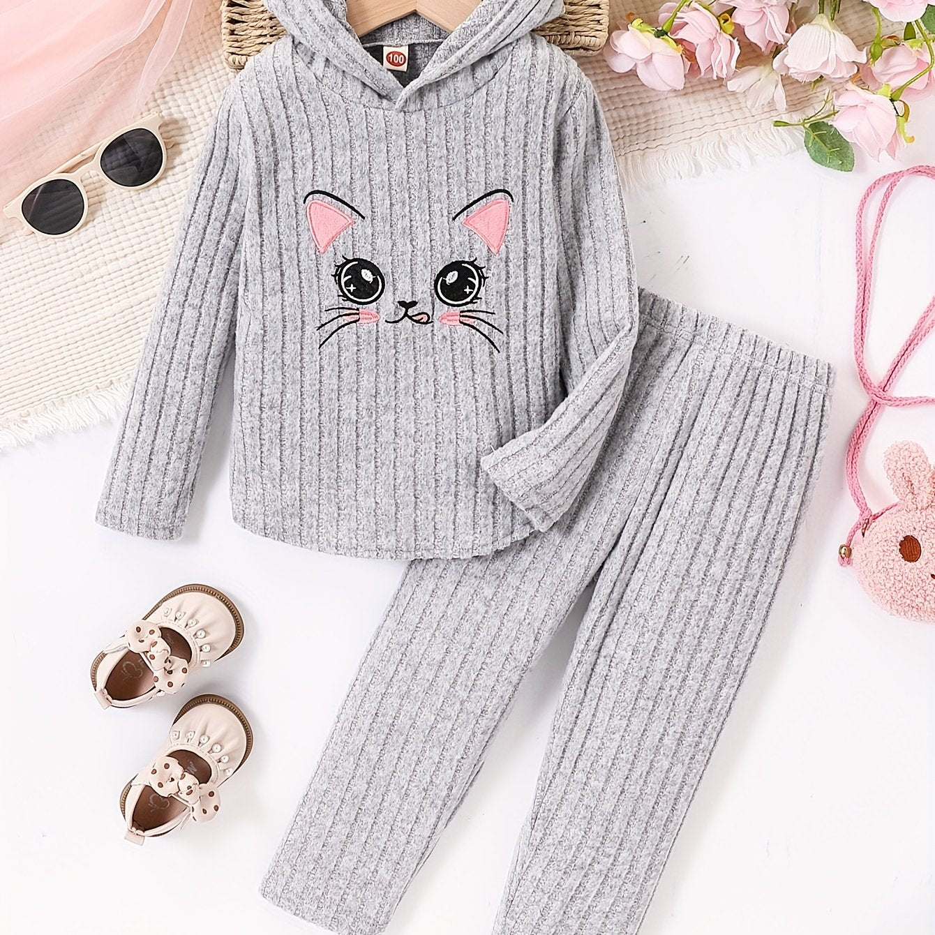 Kids' Cat Print Hooded Top and Soft Pants Set in High Stretch Polyester Knit for Kids 12 and Under
