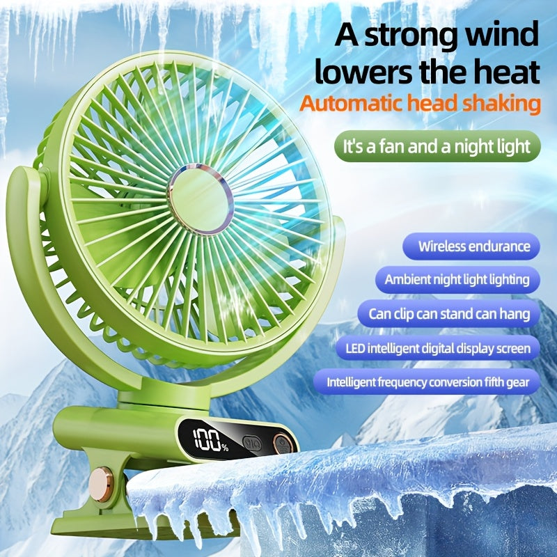 Portable Clip-On Desk Fan with 360° Rotation USB Rechargeable Night Light Oscillating