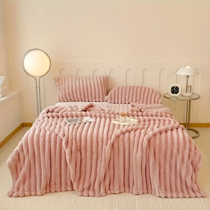 Striped Faux Fur Throw Blanket Cozy Plush for Couch Bed Travel All-Season