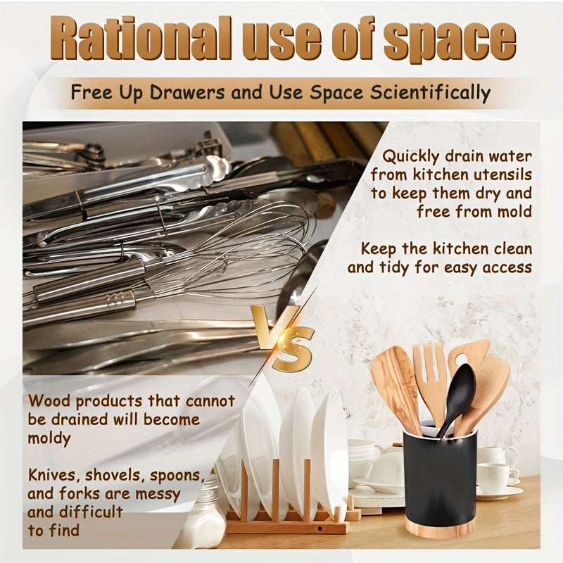 Durable 3-Compartment Plastic Kitchen Utensil Holder with Removable Dividers