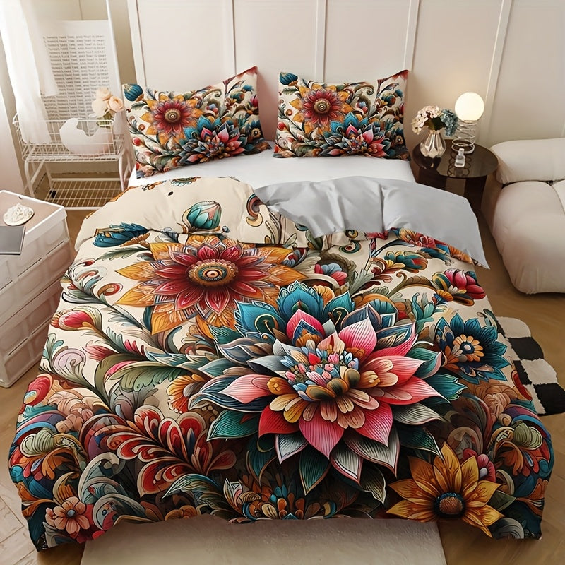 Conjunto de ropa de cama bohemia con mandala floral, 3 piezas, funda nórdica y fundas de almohada
