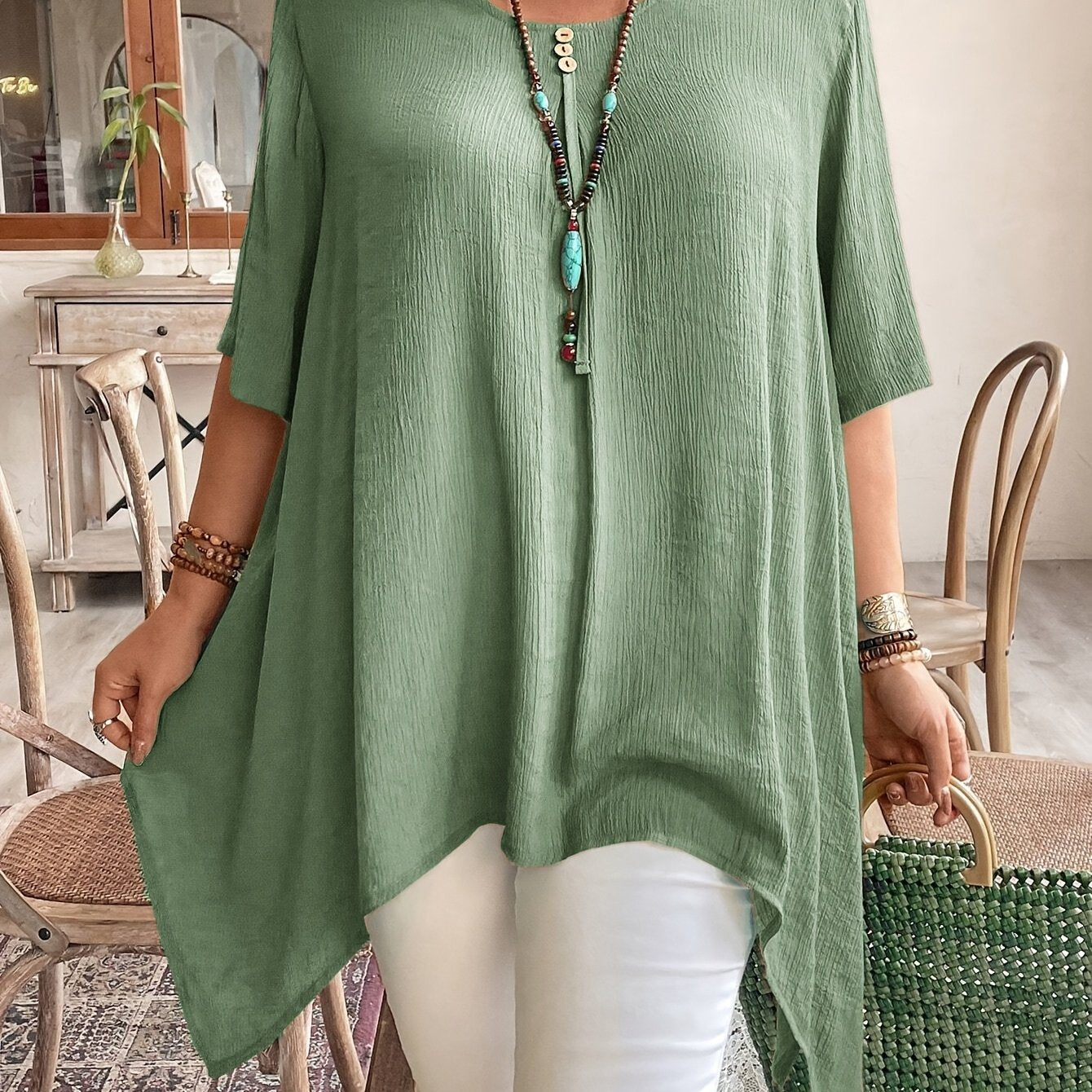 Women's Short Sleeve Shirt Casual Asymmetrical Hem Solid Color Blouse