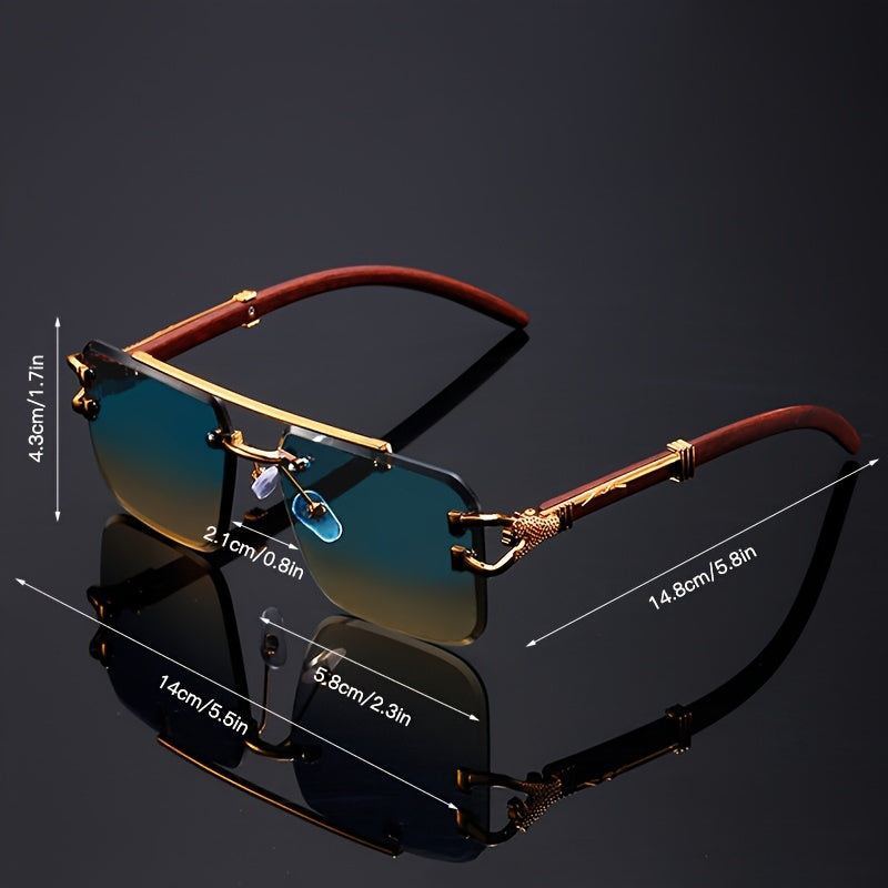 Vintage Green Gradient Glasses for Women with Leopard Print Metal Frame and Wooden Arms