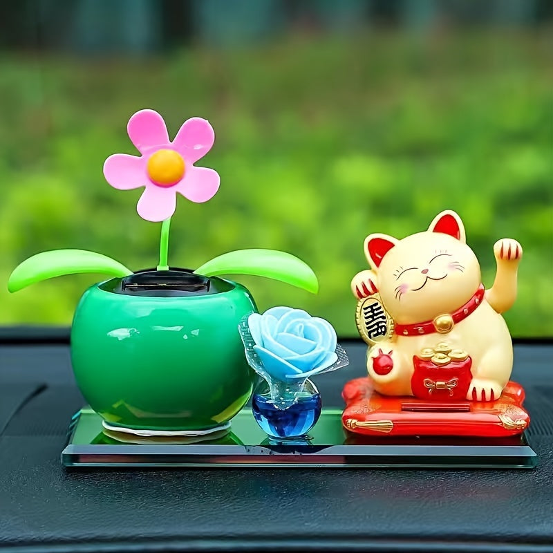 Solar-Powered Lucky Cat Figurine Battery-Free Car Dashboard Home Decor