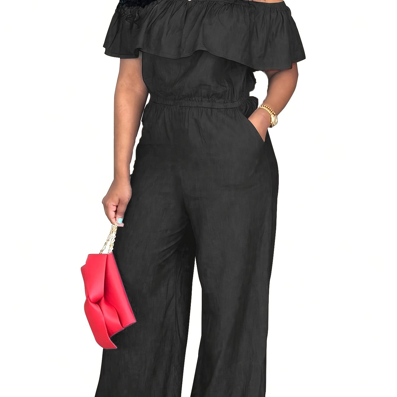 Plus Size Olive Green Off-Shoulder Jumpsuit Wide-Leg Romper for Women