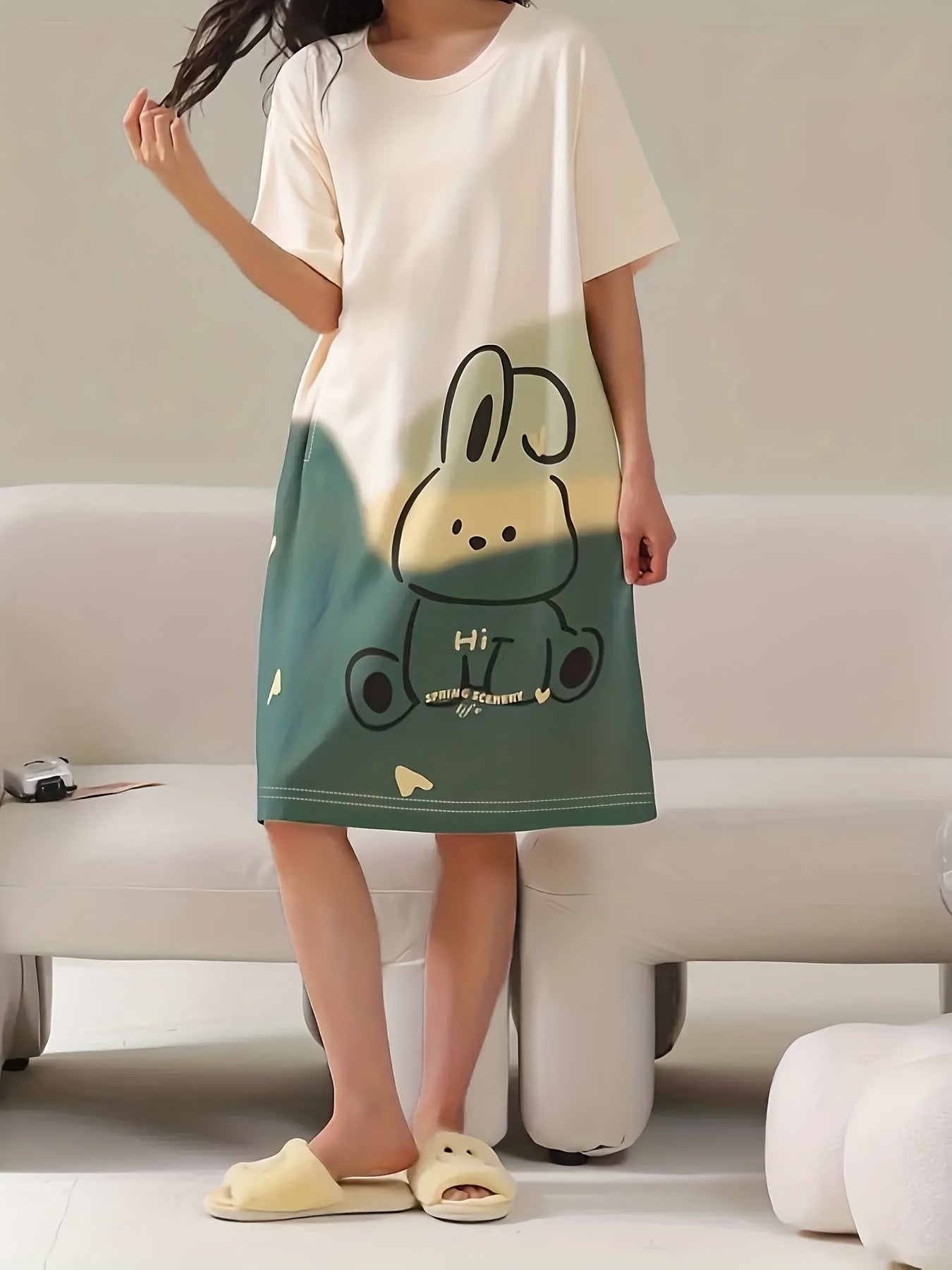 Women's Casual Nightdress with Cartoon Bear Print Short Sleeves Mid-Length Polyester Blend