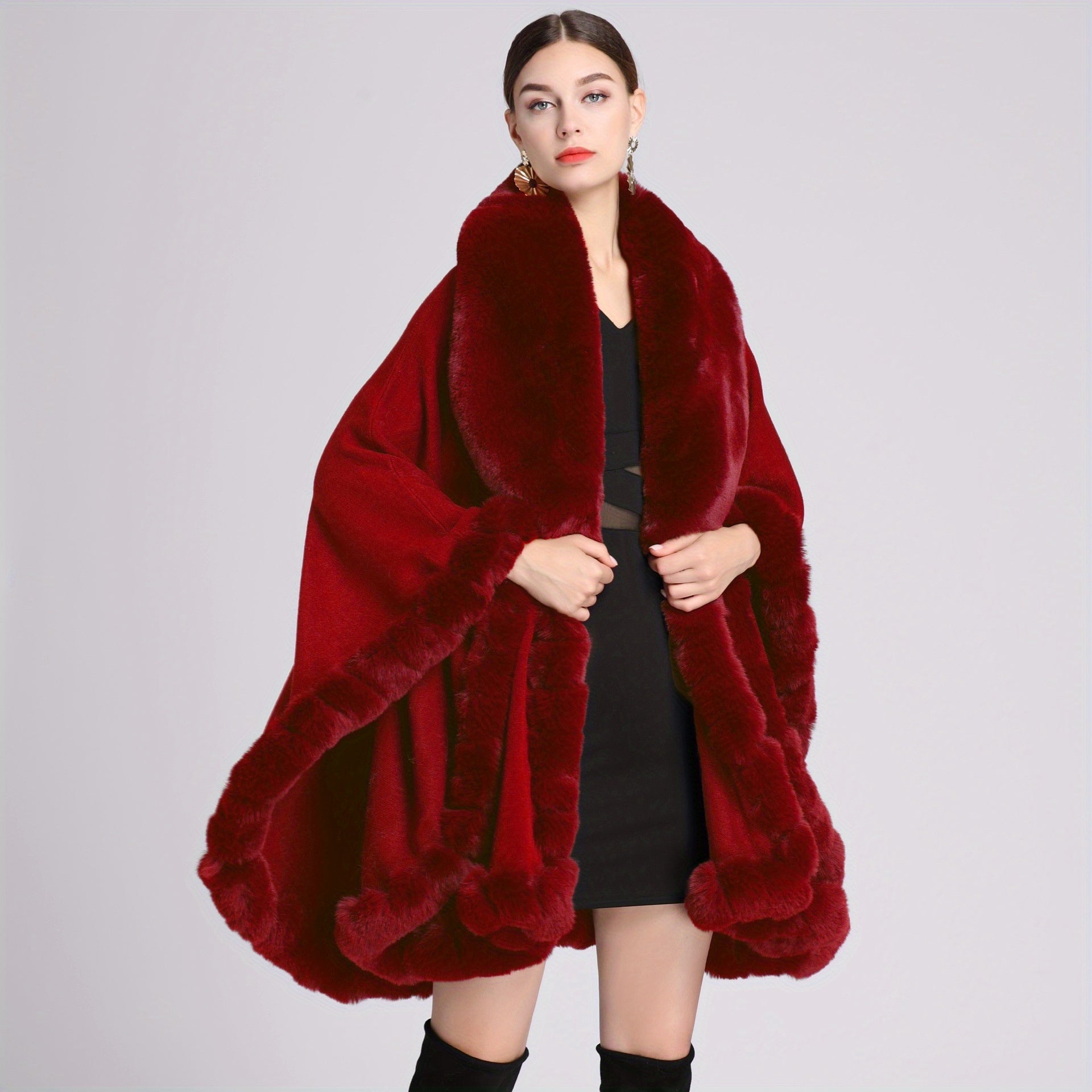 Women’s Warm Oversized Faux Fur Collar Cardigan Cape Autumn Winter Windproof Shawl