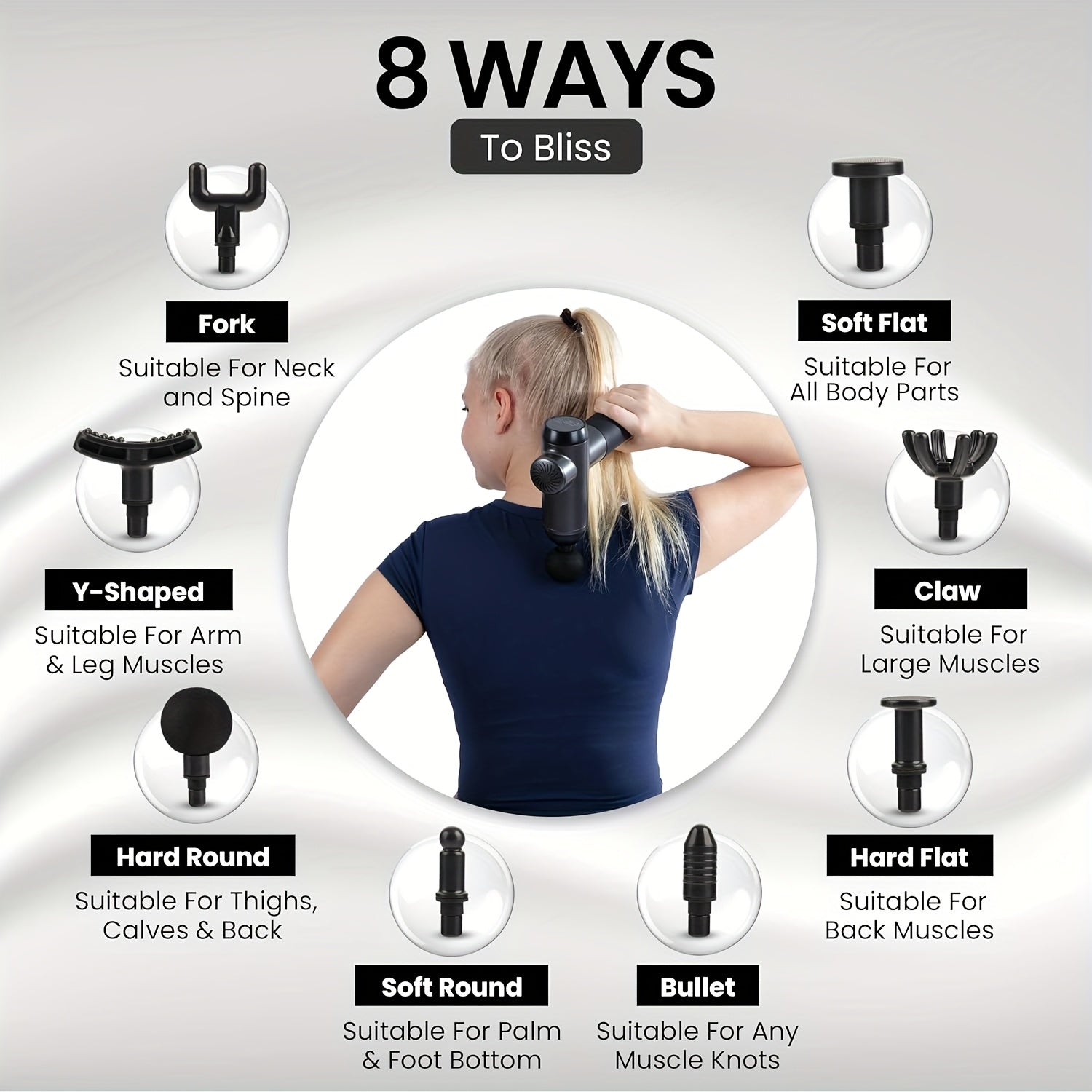 USB orqali zaryadlanadigan massaj quroli, portativ mushaklarni yengillashtirish uchun 8 ta almashtiriladigan bosh bilan.