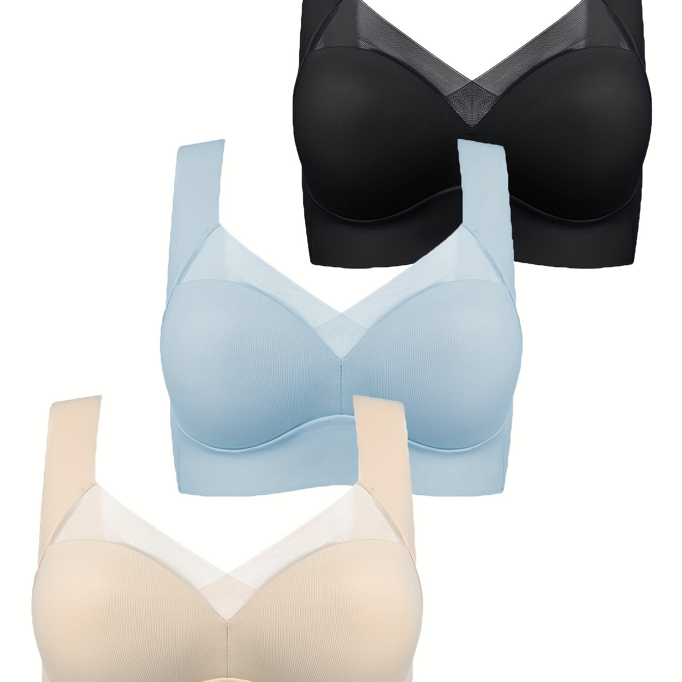 Women Seamless Sports Bras Nylon Blend High Support Breathable Mesh Black Blue Beige 3 Pack