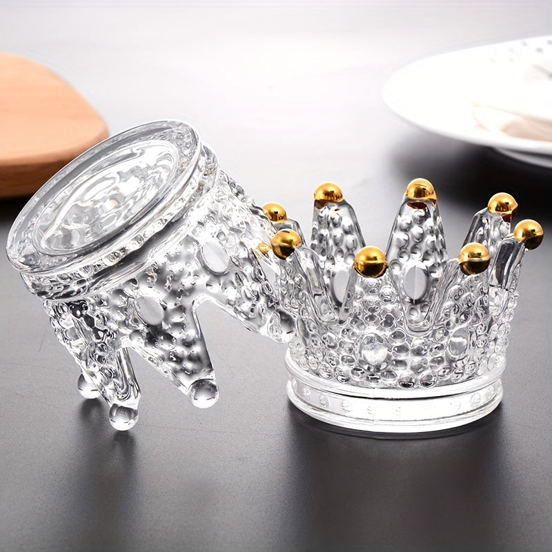 Unisex Crystal Glass Ashtray Octagonal Crown-Shaped Gold Accents