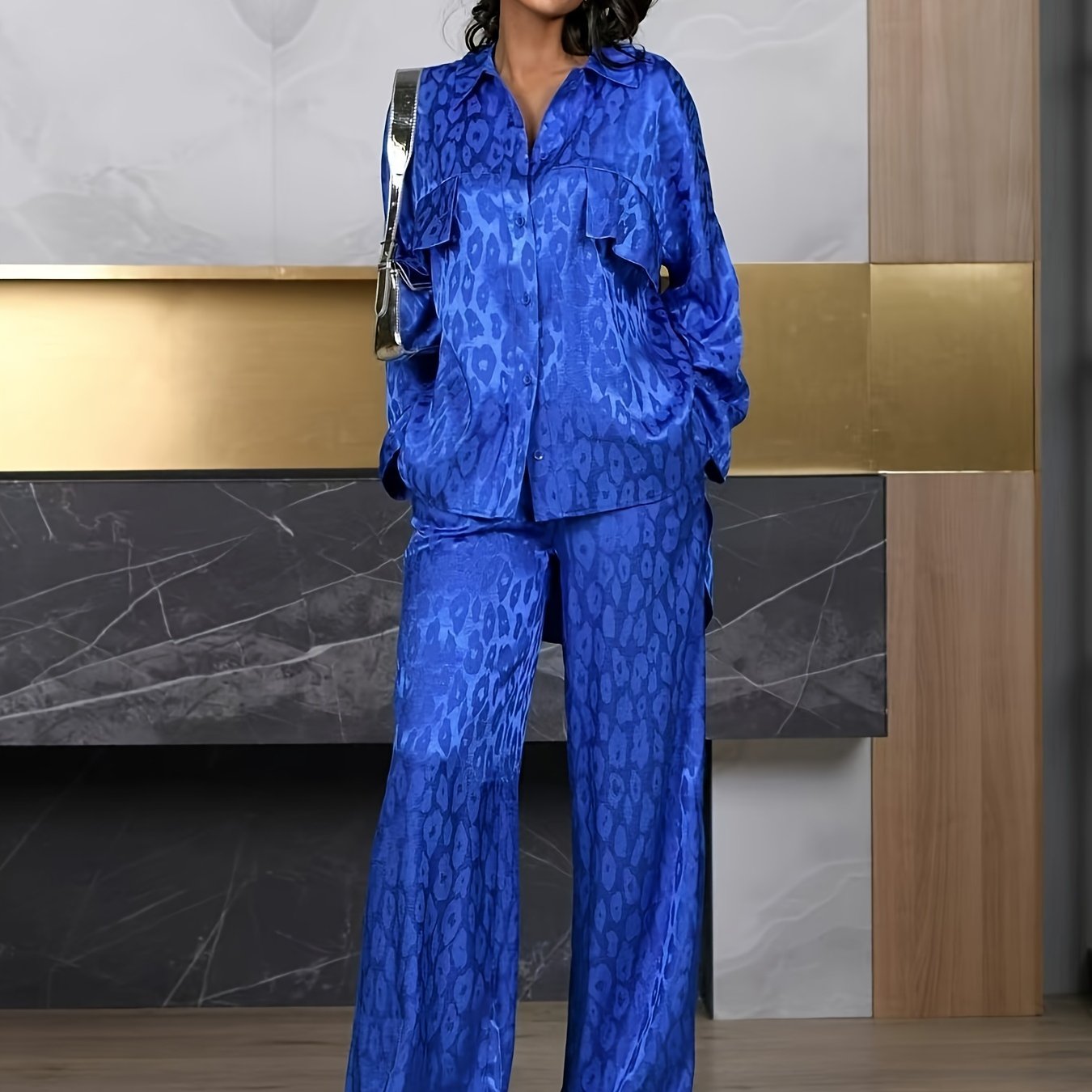 Conjunto de dos piezas con estampado de leopardo, manga larga, casual, tejido de poliéster y spandex