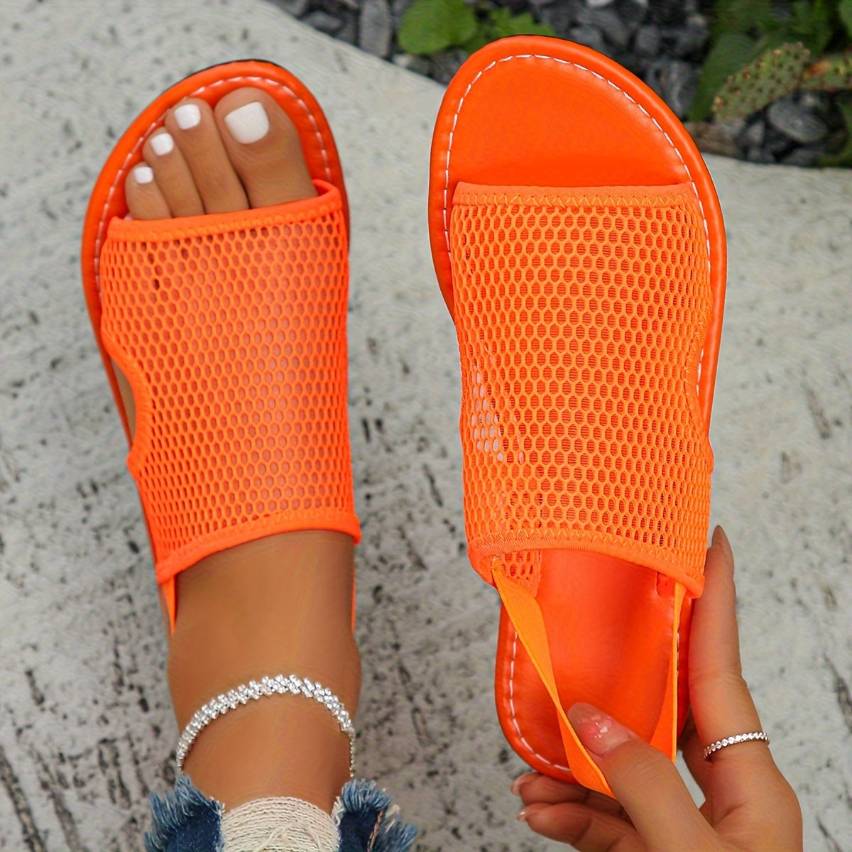 Sandalias de malla transpirable para mujer, slip-on, para caminar y playa, verano, tela, goma