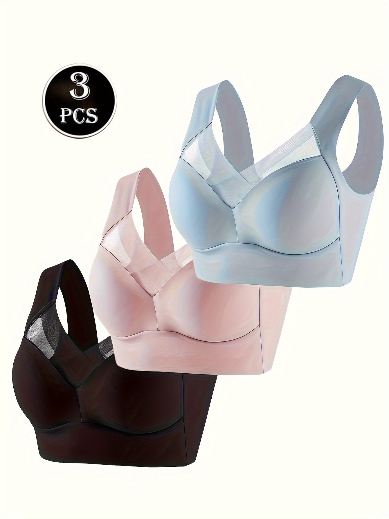 Women's Seamless Sports Bra Set 3 Pack V-Neck Push-Up Medium Support