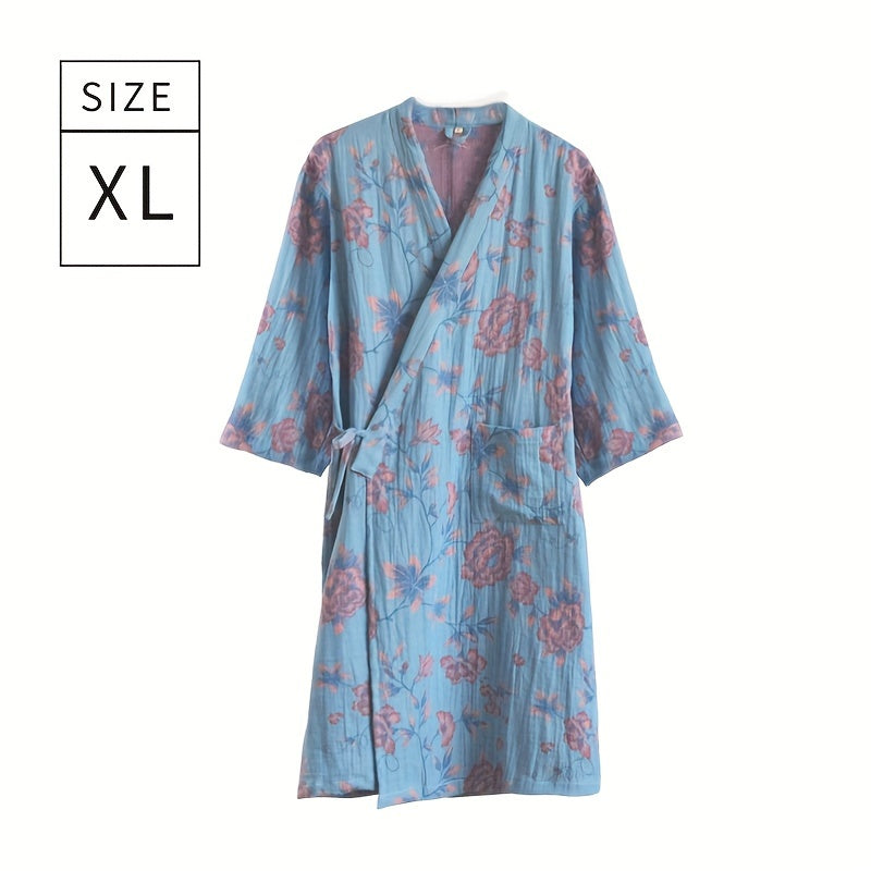 Мягкий и впитывающий хлопковый халат с цветочным принтом для лета, идеален для использования в ванной и спальне.