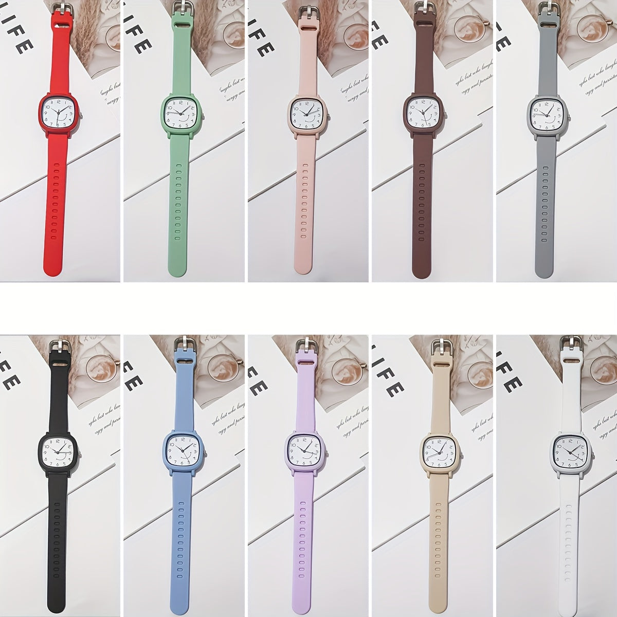 Women's Quartz Watch Square Face Silicone Strap Casual with Smile Face Design