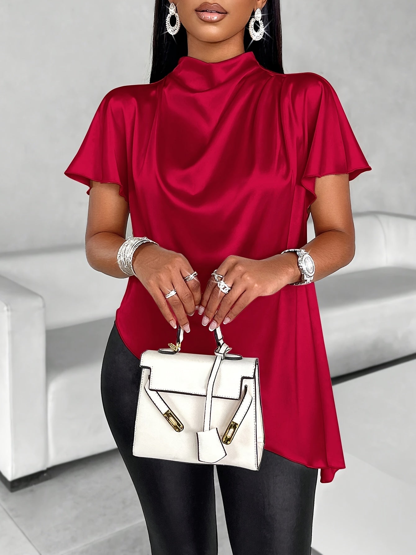 Women's Satin Blouse with Batwing Sleeves, Asymmetrical Hem, Solid Color