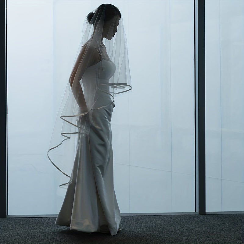Velo de novia con borde de satén de doble capa y peine de metal para el cabello, accesorio para bodas