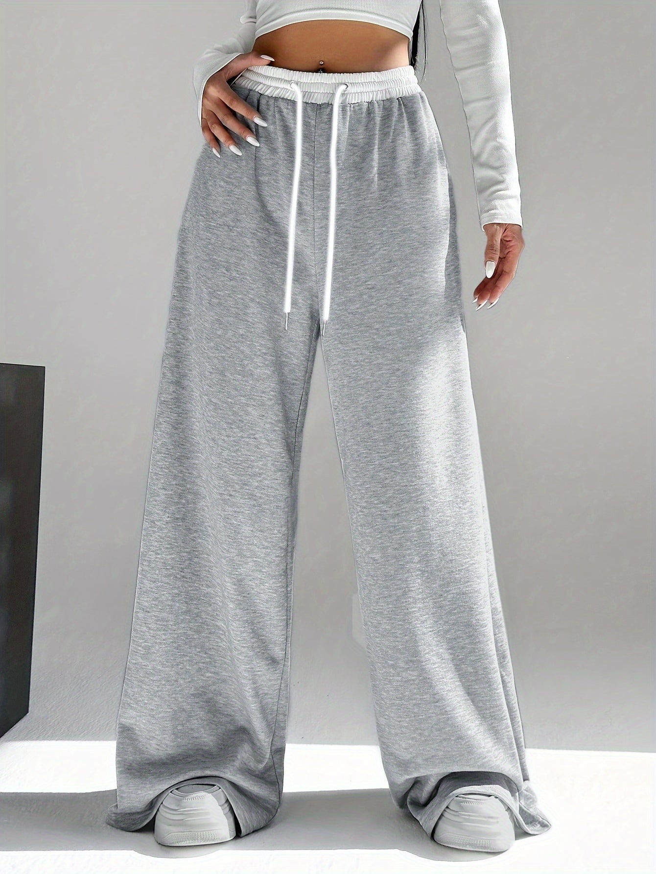 Women's High Waist Wide Leg Drawstring Pants in Contrasting Colors for Spring and Fall