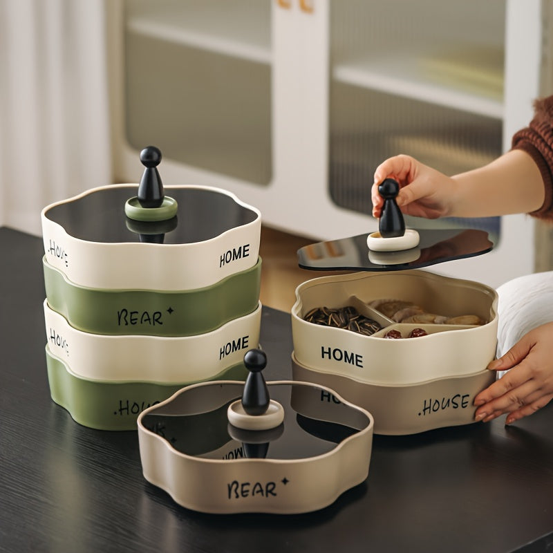 Высококачественный вращающийся органайзер для закусок с секционными перегородками - многоуровневый пластиковый поднос для сухофруктов, конфет и орехов - безопасен для контакта с продуктами в домашнем и гостинном хранении.